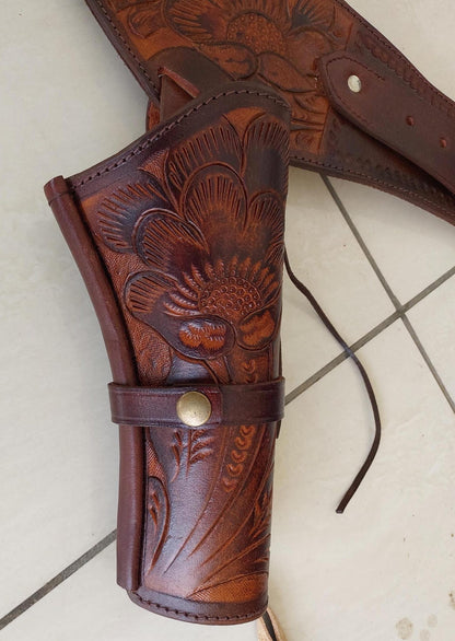 Handmade Western Gun Holster Belt – Genuine Tooled Leather – Fits .22, .38/357, .44/45 Cal Revolvers – Old West Cowboy Style – Christmas Gift for Him