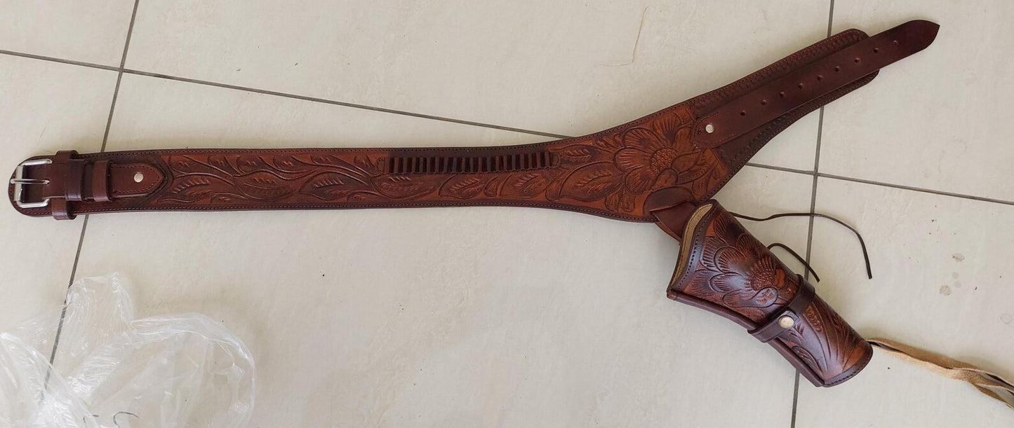 Old West Style Leather Gun Holster Belt – Handmade & Tooled – Fits .22, .38/357, .44/45 Cal Revolver – Western Cowboy Gift for Him