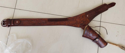 Old West Style Leather Gun Holster Belt – Handmade & Tooled – Fits .22, .38/357, .44/45 Cal Revolver – Western Cowboy Gift for Him