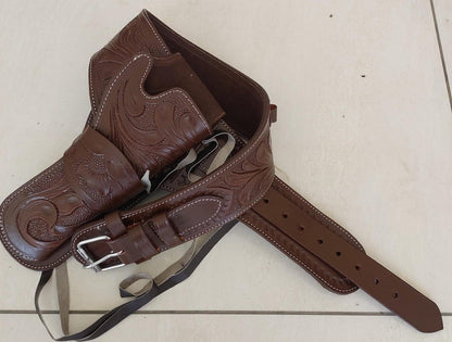 Western Leather Black Gun Holster  Belt – Handmade Old West Cowboy Style – Tooled Case for .22, .38/357, .44/45 Revolvers – Brown