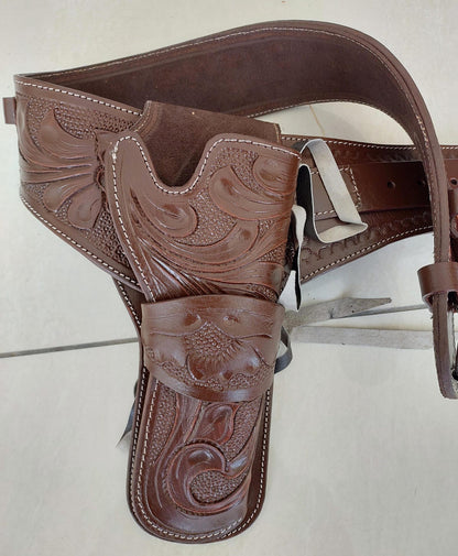 Handmade Western Gun Holster Belt – Genuine Tooled Leather – Fits .22, .38/357, .44/45 Cal Revolvers – Old West Cowboy Style – Christmas Gift for Him