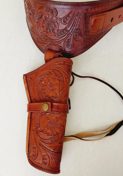 Handmade Western Leather Gun Holster Belt – Tooled Cowboy Style – Fits .22, .38/357, .44/45 Cal Revolvers – Old West Design