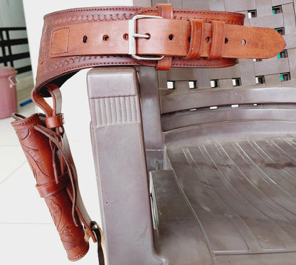Handmade Western Leather Gun Holster Belt – Tooled Cowboy Style – Fits .22, .38/357, .44/45 Cal Revolvers – Old West Design