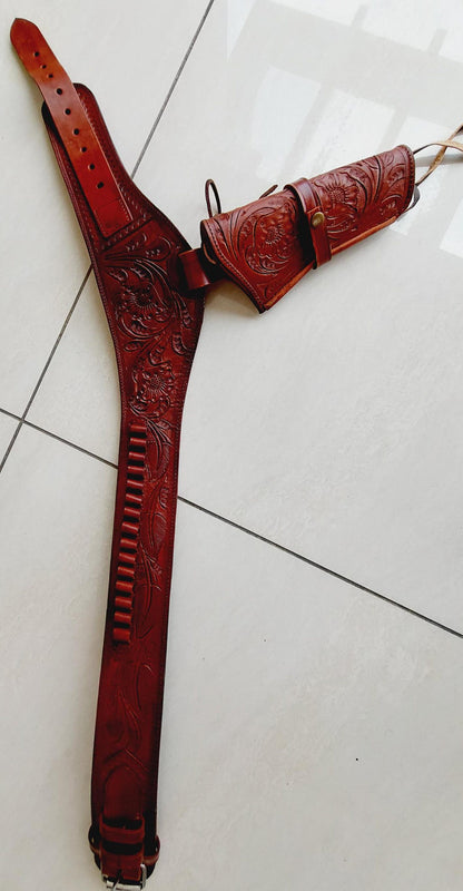 Handmade Western Leather Gun Holster Belt – Tooled Cowboy Style – Fits .22, .38/357, .44/45 Cal Revolvers – Old West Design