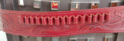 Western Gun Holster & Belt – Handmade Red Floral Tooled Leather – Cowboy Style – Fits .22, .38/357, .44/45 Caliber – 4" to 6.5" Barrel