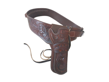 Handmade Western Gun Holster Belt – Tooled Genuine Leather – Fits .22, .38/357, .44/.45 Cal Revolvers – Cowboy Old West Style