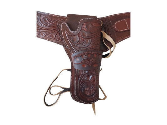 Handmade Western Gun Holster Belt – Tooled Genuine Leather – Fits .22, .38/357, .44/.45 Cal Revolvers – Cowboy Old West Style