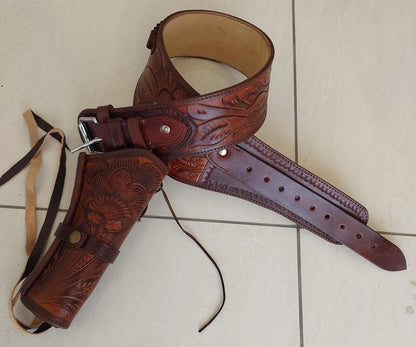 Old West Handmade Leather Gun Holster & Belt – Tooled Cowboy Style – Fits 4" to 6.5" Revolver Barrel – Genuine Western Rig