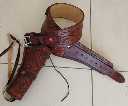 Old West Style Leather Gun Holster Belt – Handmade & Tooled – Fits .22, .38/357, .44/45 Cal Revolver – Western Cowboy Gift for Him