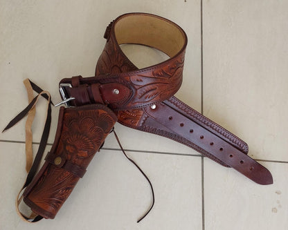 Handmade Western Cowboy Gun Holster Belt – Tooled Leather – Old West Style – Fits .44/45, .38/357, .44/45 Cal Revolvers – Perfect Christmas Gift for Him