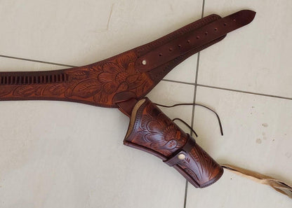 Old West Handmade Leather Gun Holster & Belt – Tooled Cowboy Style – Fits 4" to 6.5" Revolver Barrel – Genuine Western Rig
