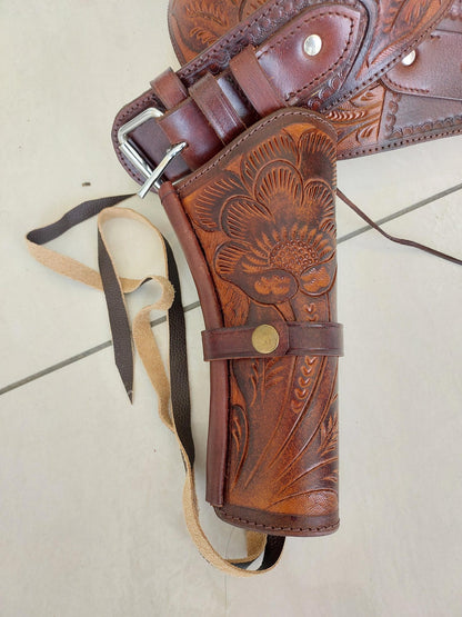 Handmade Tooled Leather Western Gun Holster & Belt – Cowboy Style – Fits .22, .38/357, .44./45 Caliber Revolvers