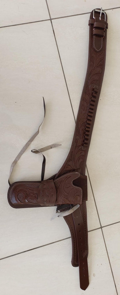 Western Leather Black Gun Holster  Belt – Handmade Old West Cowboy Style – Tooled Case for .22, .38/357, .44/45 Revolvers – Brown