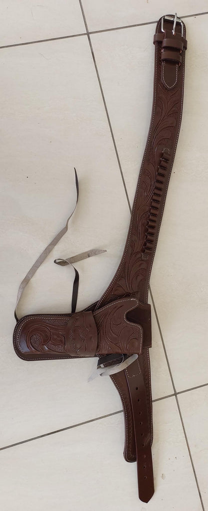 Handmade Western Gun Holster Belt – Genuine Tooled Leather – Fits .22, .38/357, .44/45 Cal Revolvers – Old West Cowboy Style – Christmas Gift for Him