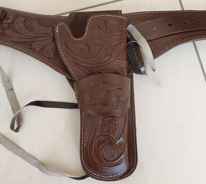 Western Leather Black Gun Holster  Belt – Handmade Old West Cowboy Style – Tooled Case for .22, .38/357, .44/45 Revolvers – Brown