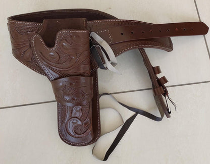 Western Leather Black Gun Holster  Belt – Handmade Old West Cowboy Style – Tooled Case for .22, .38/357, .44/45 Revolvers – Brown