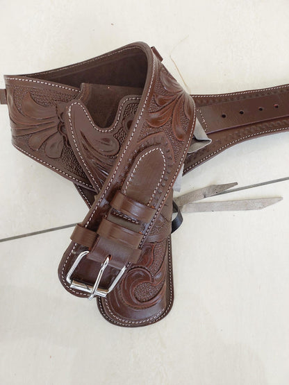 Handmade Western Gun Holster Belt – Genuine Tooled Leather – Fits .22, .38/357, .44/45 Cal Revolvers – Old West Cowboy Style – Christmas Gift for Him