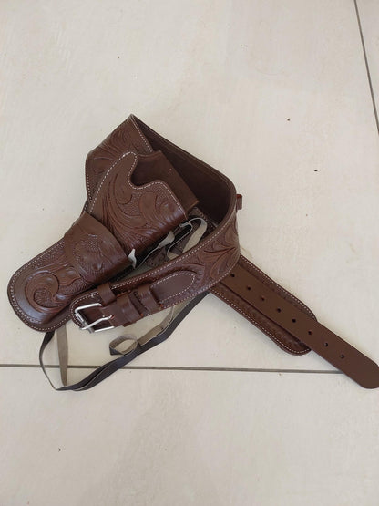 Handmade Western Gun Holster Belt – Genuine Tooled Leather – Fits .22, .38/357, .44/45 Cal Revolvers – Old West Cowboy Style – Christmas Gift for Him