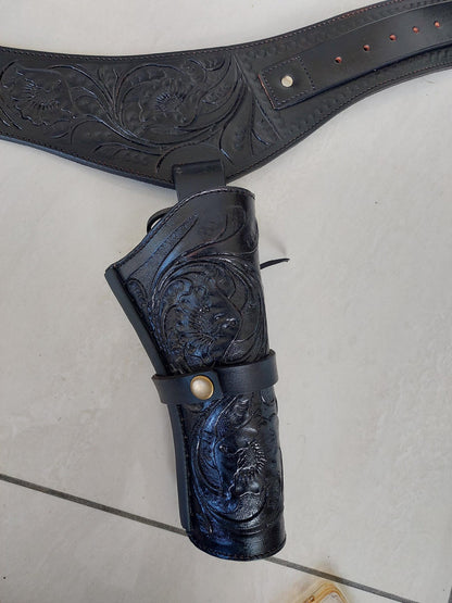 Handmade Western Gun Holster Belt – Black Premium Leather – Fits .22, .38/357, .44/45 Cal Revolvers – 3.5” to 8.9” Barrel – Cowboy Style