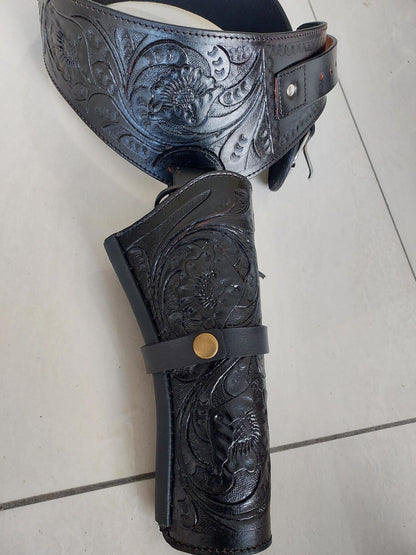 Handmade Western Gun Holster Belt – Black Premium Leather – Fits .22, .38/357, .44/45 Cal Revolvers – 3.5” to 8.9” Barrel – Cowboy Style