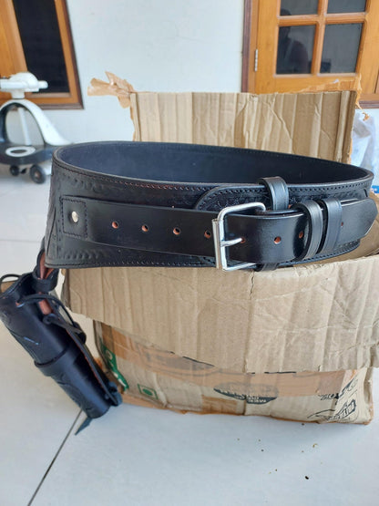 Handmade Western Gun Holster Belt – Black Premium Leather – Fits .22, .38/357, .44/45 Cal Revolvers – 3.5” to 8.9” Barrel – Cowboy Style