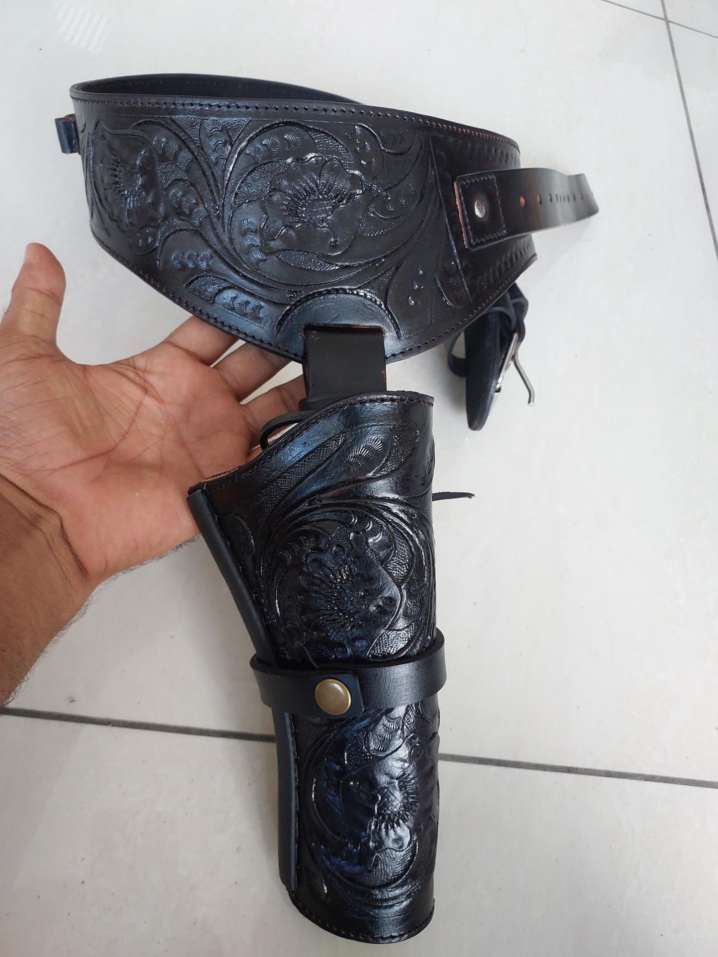 Handmade Western Gun Holster Belt – Black Premium Leather – Fits .22, .38/357, .44/45 Cal Revolvers – 3.5” to 8.9” Barrel – Cowboy Style