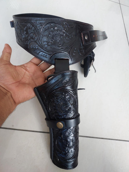 Handmade Western Gun Holster Belt – Black Premium Leather – Fits .22, .38/357, .44/45 Cal Revolvers – 3.5” to 8.9” Barrel – Cowboy Style