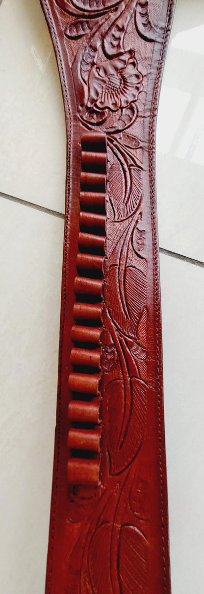 Handmade Western Leather Gun Holster Belt – Tooled Cowboy Style – Fits .22, .38/357, .44/45 Cal Revolvers – Old West Design
