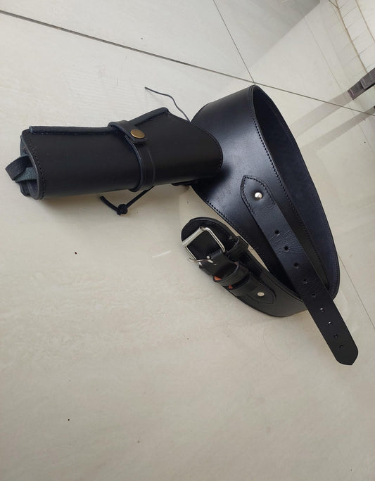 Handmade Western Gun Holster Belt – Black Genuine Leather – Old West Cowboy Style – Fits .22, .38/357, .44/45 Cal Revolvers – Great Christmas Gift for Him