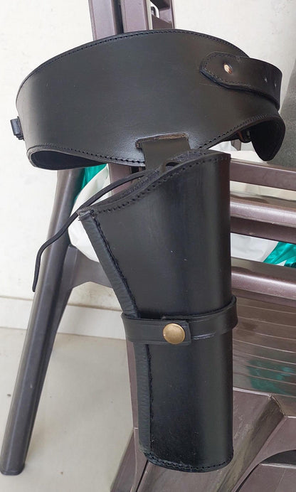 Handmade Western Gun Holster Belt – Black Genuine Leather – Old West Cowboy Style – Fits .22, .38/357, .44/45 Cal Revolvers – Great Christmas Gift for Him