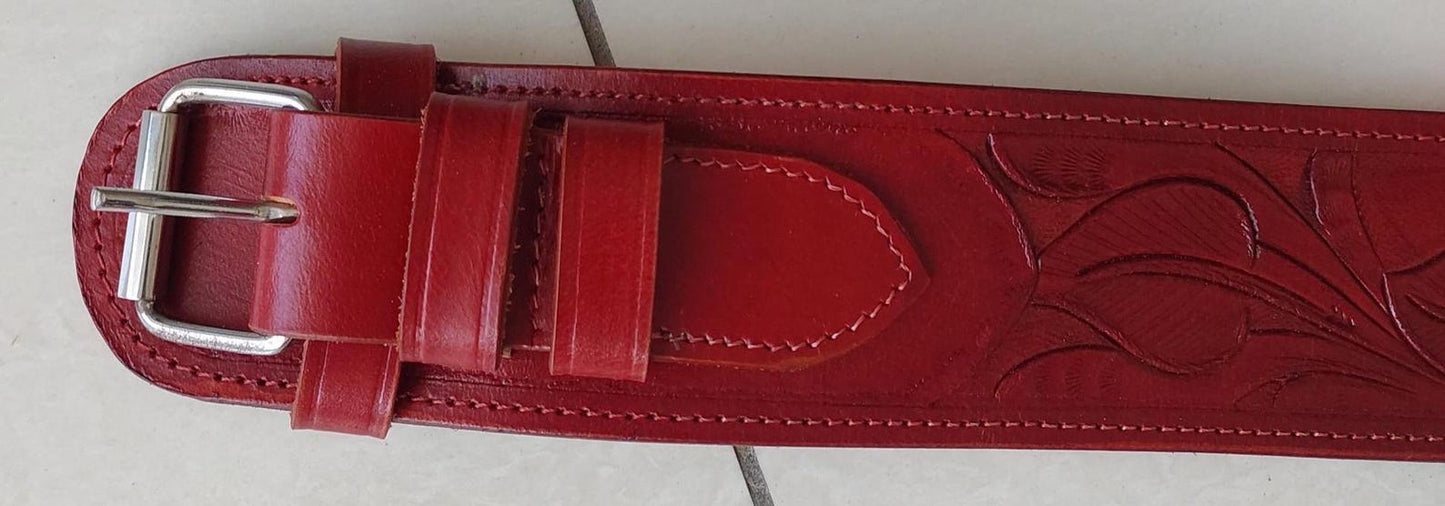 Western Gun Holster & Belt – Handmade Red Floral Tooled Leather – Cowboy Style – Fits .22, .38/357, .44/45 Caliber – 4" to 6.5" Barrel