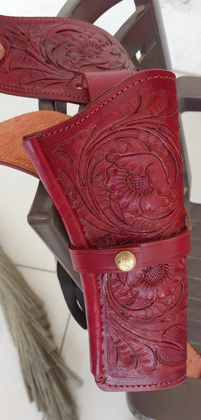 Premium Western Gun Holster Belt – Handmade Tooled Leather – Old West Style – Fits .22, .38/357, .44/45 Cal Revolvers – Custom Cowboy Pistol Rig
