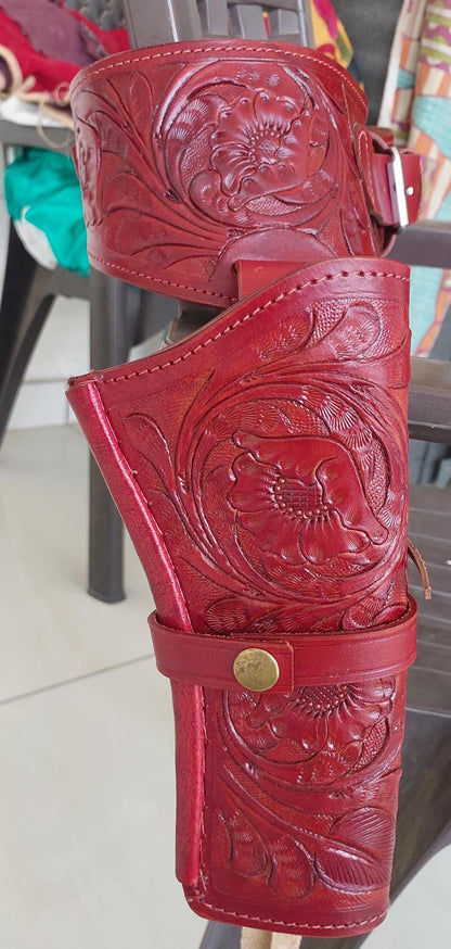 Premium Western Gun Holster Belt – Handmade Tooled Leather – Old West Style – Fits .22, .38/357, .44/45 Cal Revolvers – Custom Cowboy Pistol Rig