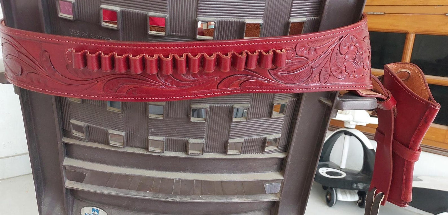 Premium Western Gun Holster Belt – Handmade Tooled Leather – Old West Style – Fits .22, .38/357, .44/45 Cal Revolvers – Custom Cowboy Pistol Rig