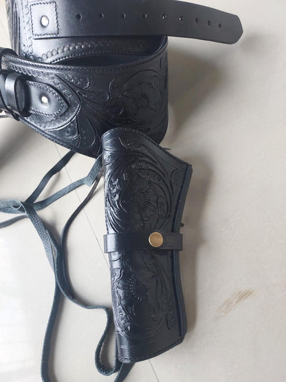 Black Dual Western Gun Holster  Belt – Handmade Cowboy Leather Rig – Fits .22, .38/357, .44/45 Cal – 4" to 6.5" Barrel