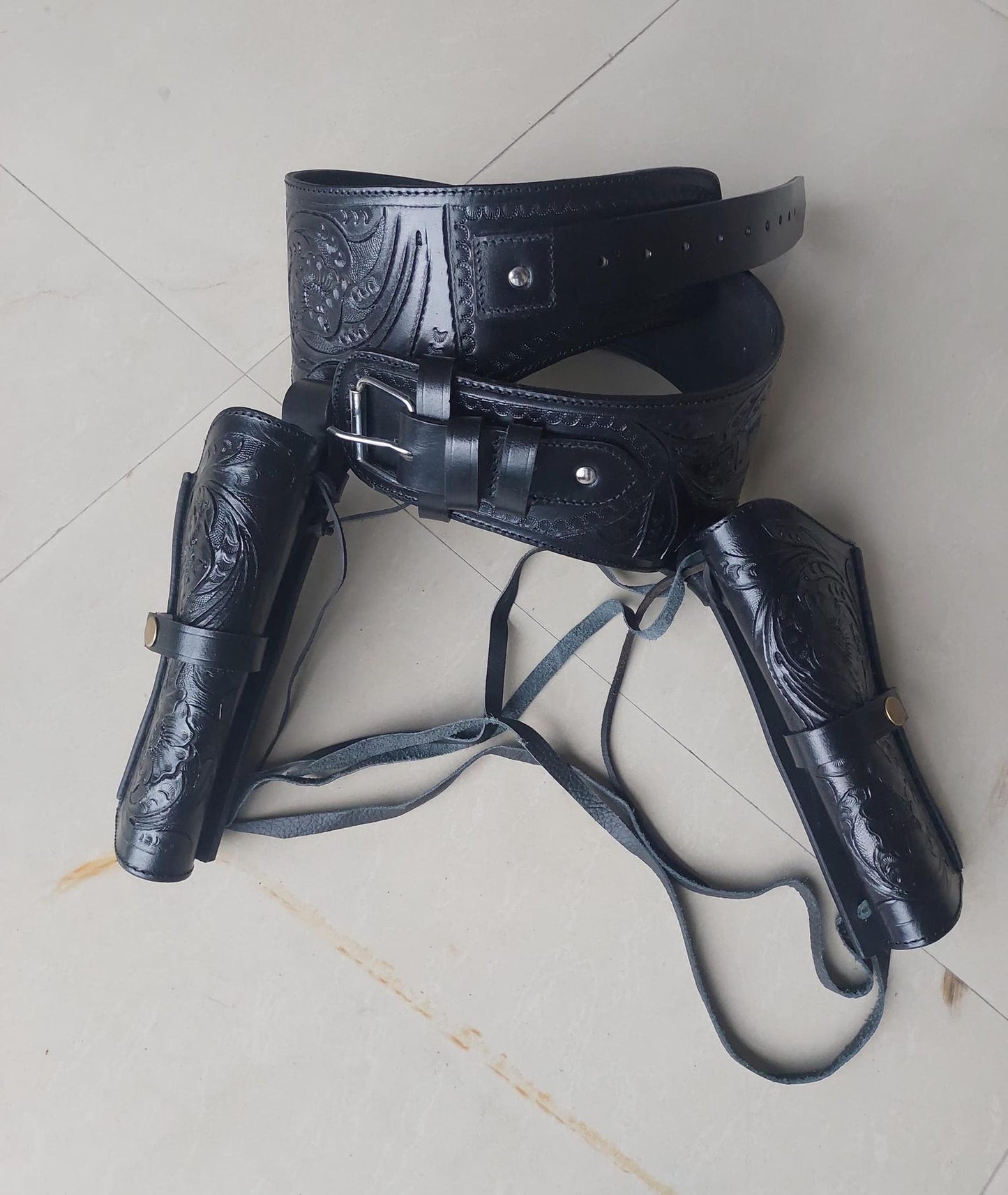 Black Dual Western Gun Holster  Belt – Handmade Cowboy Leather Rig – Fits .22, .38/357, .44/45 Cal – 4" to 6.5" Barrel