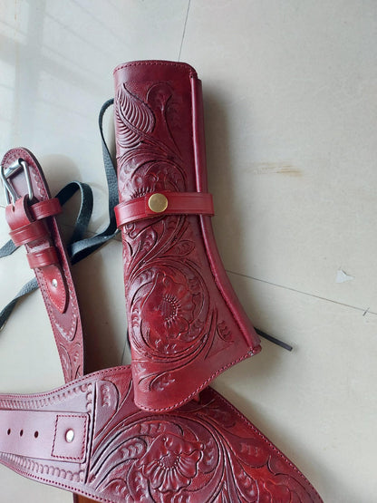 Maroon Western Revolver Holster & Belt – Handmade Leather – Fits 3.5" to 8.9" Barrel – .22 .38/357 .44/.45 Cal