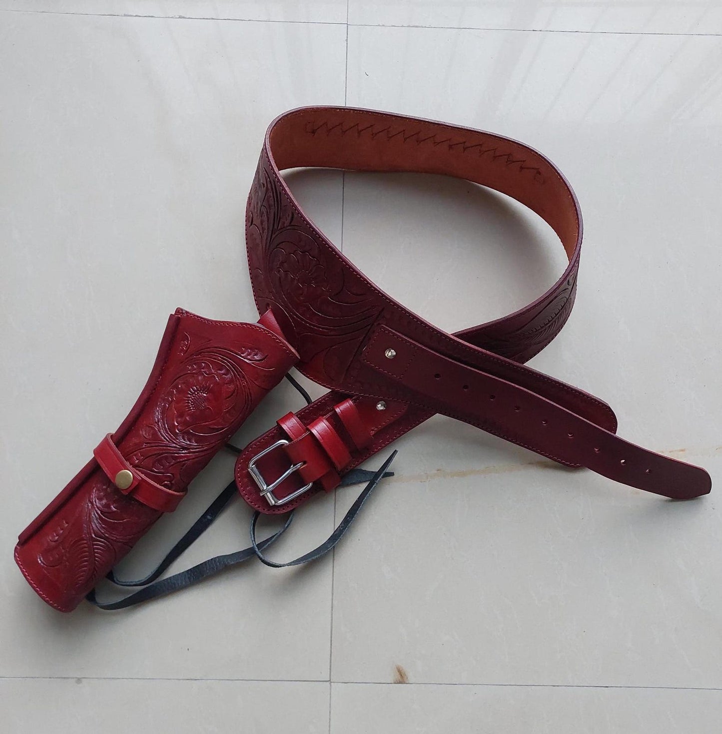 Maroon Western Revolver Holster & Belt – Handmade Leather – Fits 3.5" to 8.9" Barrel – .22 .38/357 .44/.45 Cal
