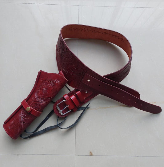 Maroon Western Revolver Holster & Belt – Handmade Leather – Fits 3.5" to 8.9" Barrel – .22 .38/357 .44/.45 Cal