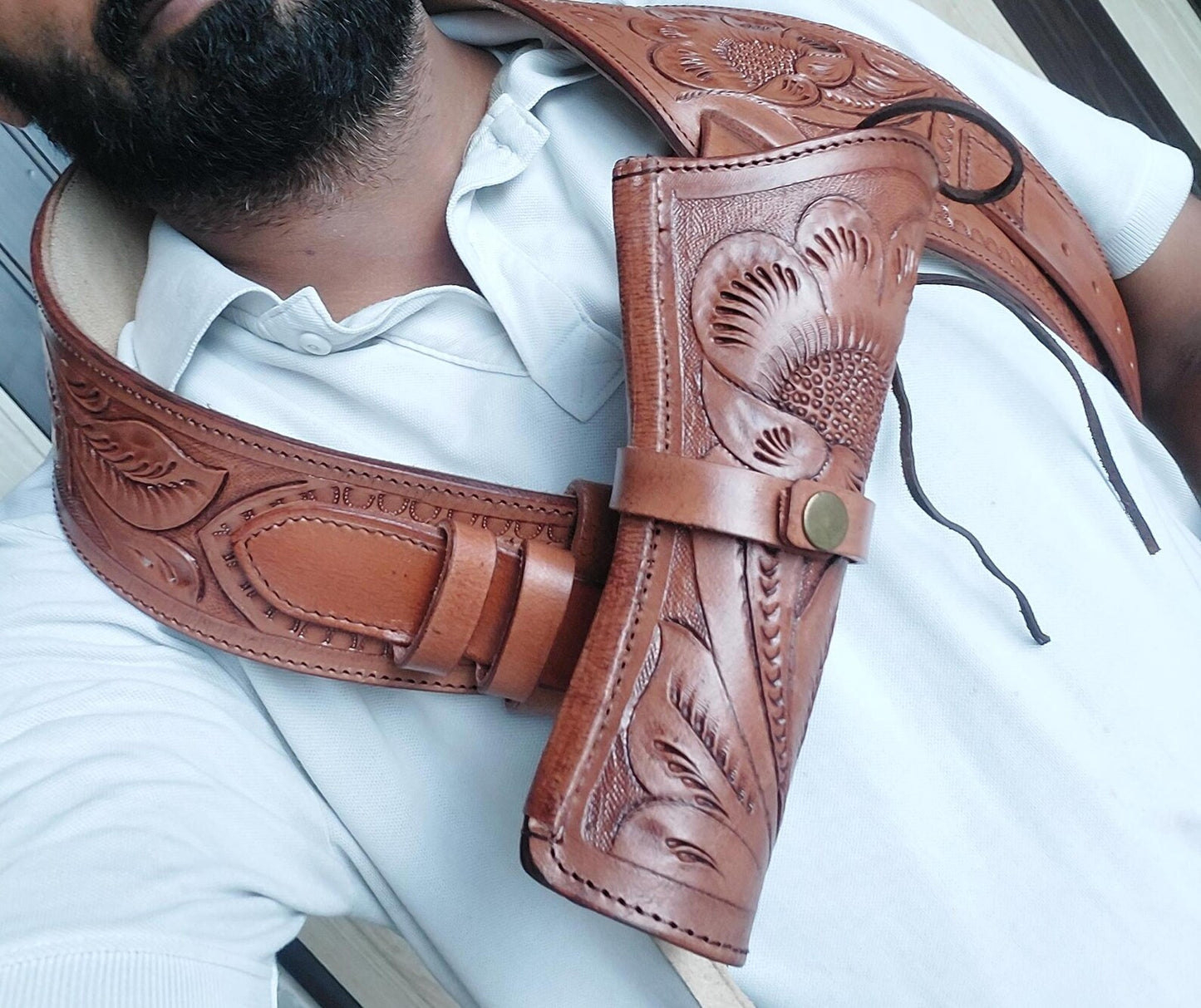 Light Brown Western Revolver Holster  Belt – Handmade Tooled Leather – Fits 3.5" to 8.9" Barrel – .22 .38/357 .44/45 Cal