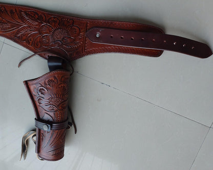 Western Gun Holster Belt – Dual Color Handmade Leather – Fits 3.5" to 8.9" Revolver – .22 .38/357, .44/45 Cal – Cowboy Style