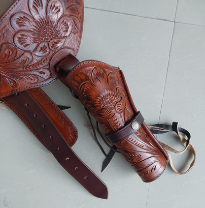 Western Gun Holster Belt – Dual Color Handmade Leather – Fits 3.5" to 8.9" Revolver – .22 .38/357, .44/45 Cal – Cowboy Style
