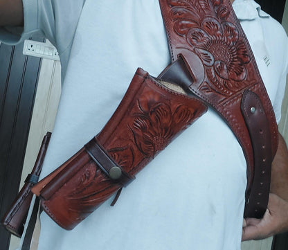 Western Gun Holster Belt – Dual Color Handmade Leather – Fits 3.5" to 8.9" Revolver – .22 .38/357, .44/45 Cal – Cowboy Style