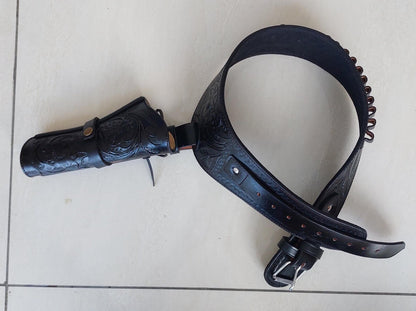 Handmade Western Gun Holster Belt – Black Premium Leather – Fits .22, .38/357, .44/45 Cal Revolvers – 3.5” to 8.9” Barrel – Cowboy Style