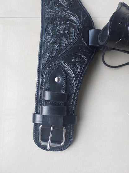 Black Dual Western Gun Holster  Belt – Handmade Cowboy Leather Rig – Fits .22, .38/357, .44/45 Cal – 4" to 6.5" Barrel
