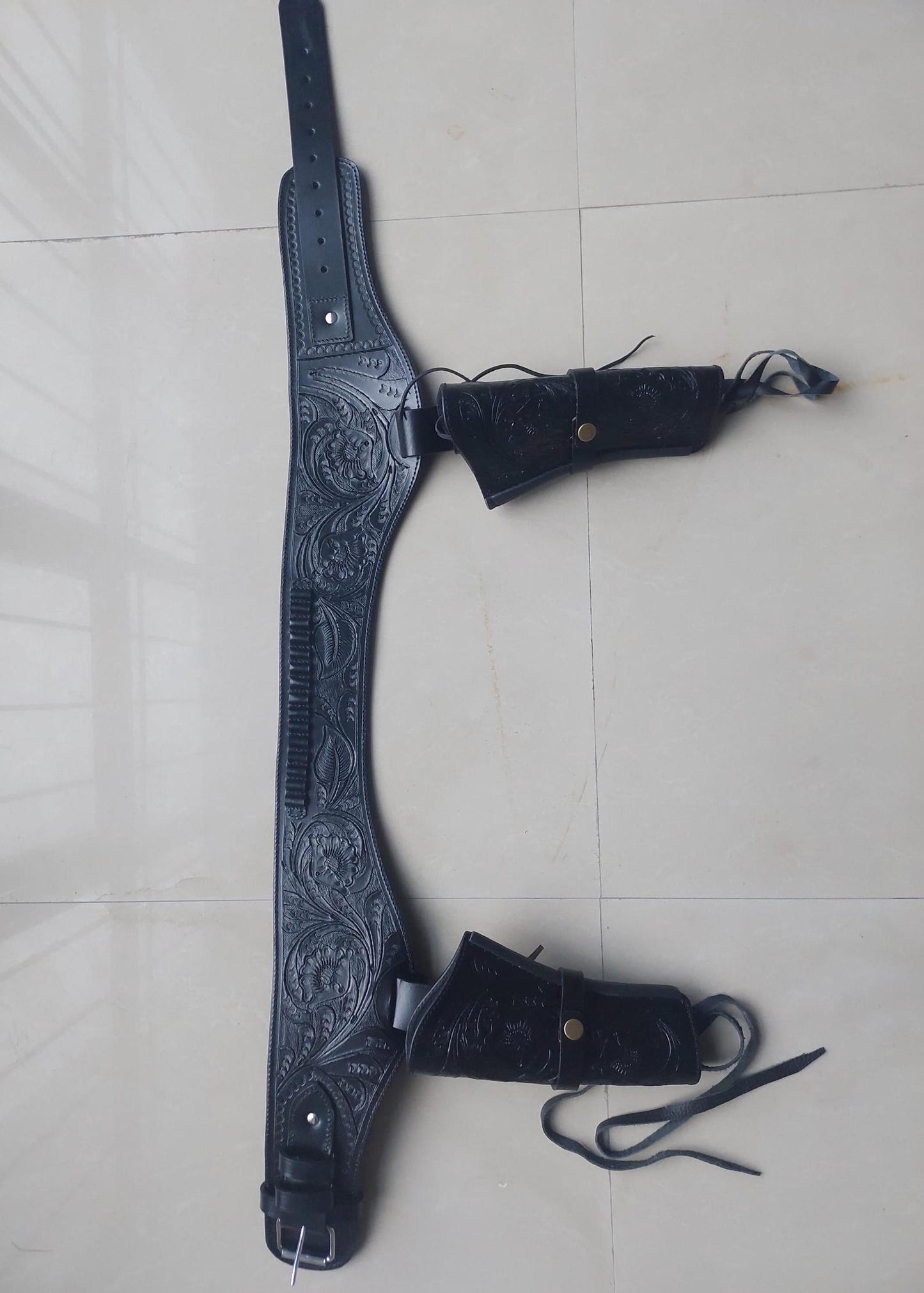 Black Dual Western Gun Holster  Belt – Handmade Cowboy Leather Rig – Fits .22, .38/357, .44/45 Cal – 4" to 6.5" Barrel