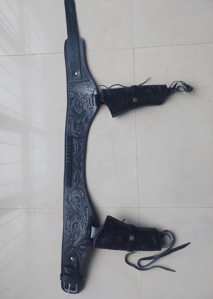 Black Dual Western Gun Holster  Belt – Handmade Cowboy Leather Rig – Fits .22, .38/357, .44/45 Cal – 4" to 6.5" Barrel
