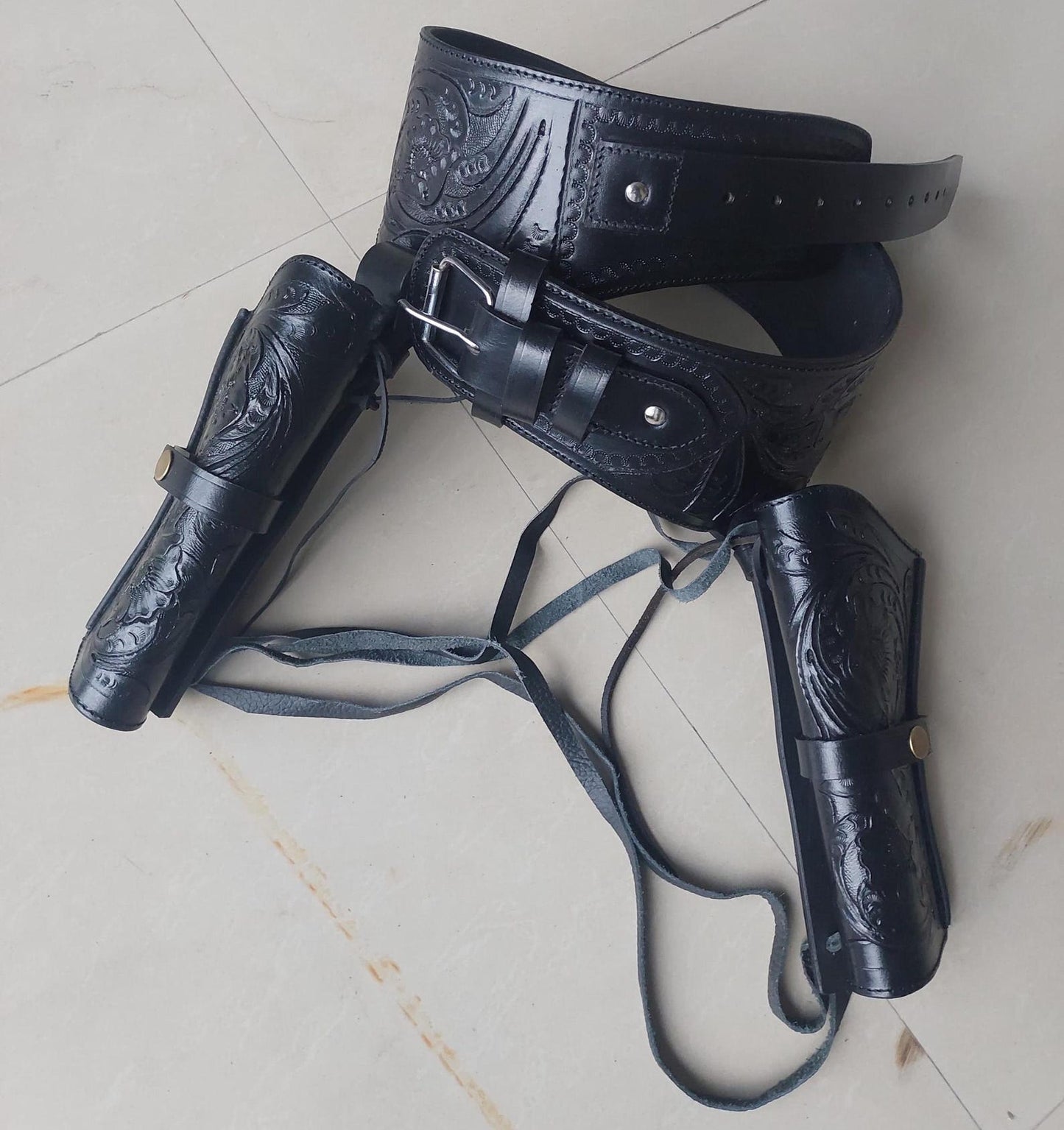 Black Dual Western Gun Holster  Belt – Handmade Cowboy Leather Rig – Fits .22, .38/357, .44/45 Cal – 4" to 6.5" Barrel