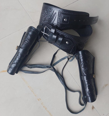 Black Dual Western Gun Holster  Belt – Handmade Cowboy Leather Rig – Fits .22, .38/357, .44/45 Cal – 4" to 6.5" Barrel
