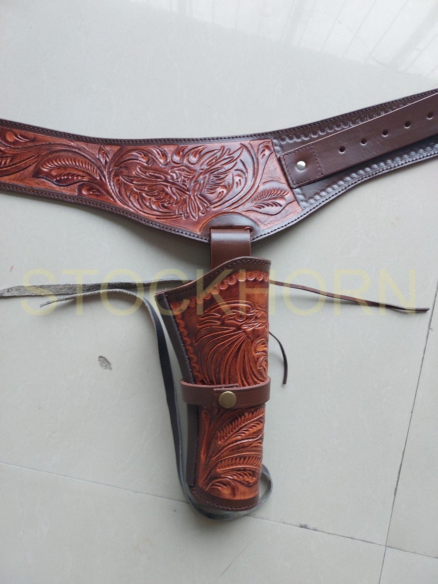Western Cowboy Revolver Holster Belt – Eagle Design – Handmade Leather – Fits 3.5” to 8.9” Barrel – .22, .38/357, .44/45 Cal – American Pride